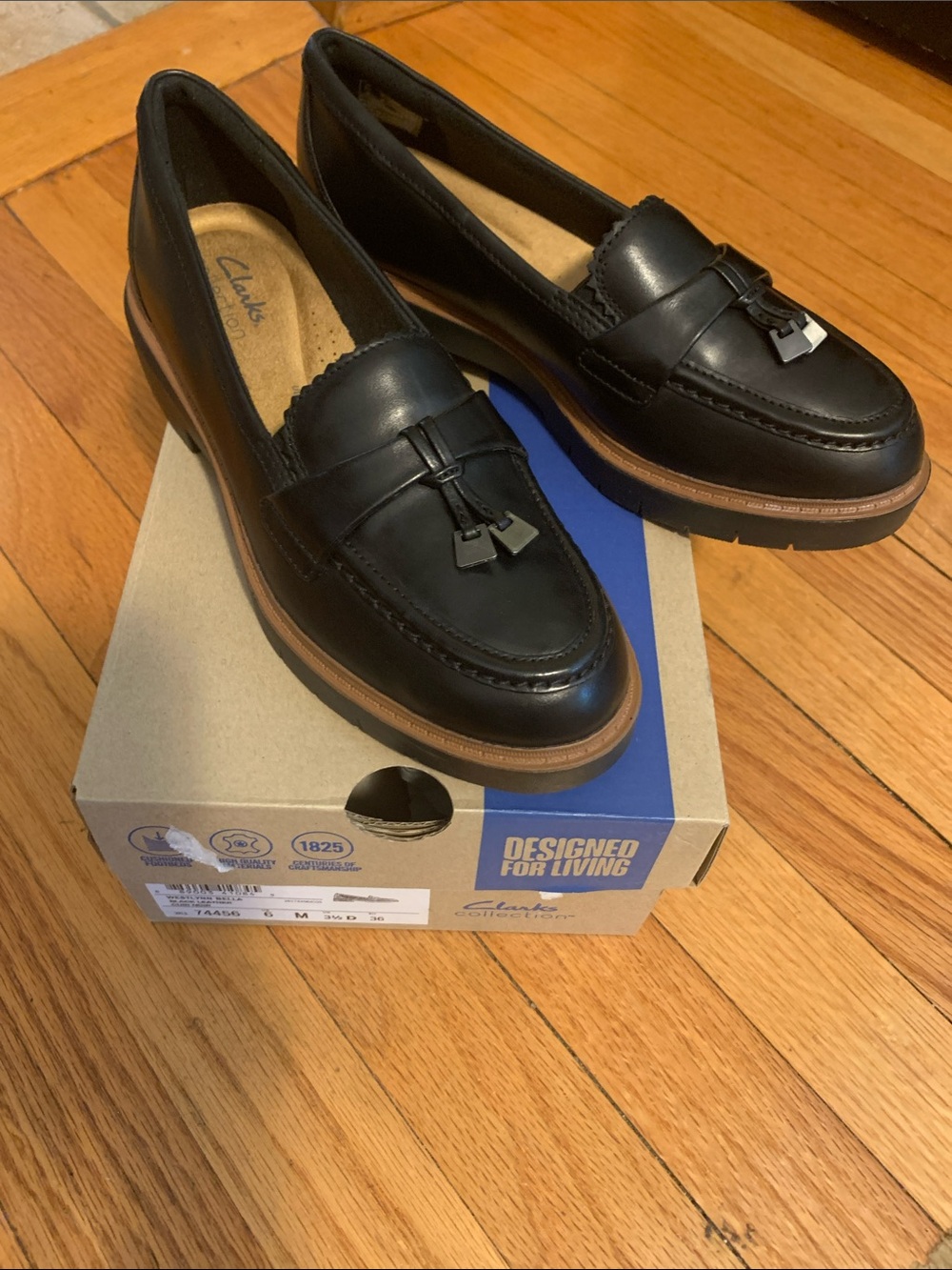 Clarks Black Leather Tassel Loafers with Brown Welt